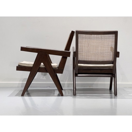 2x Chandigarh vintage teak en rieten fauteuils