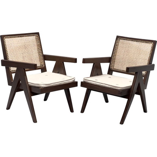 2x Chandigarh vintage teak en rieten fauteuils