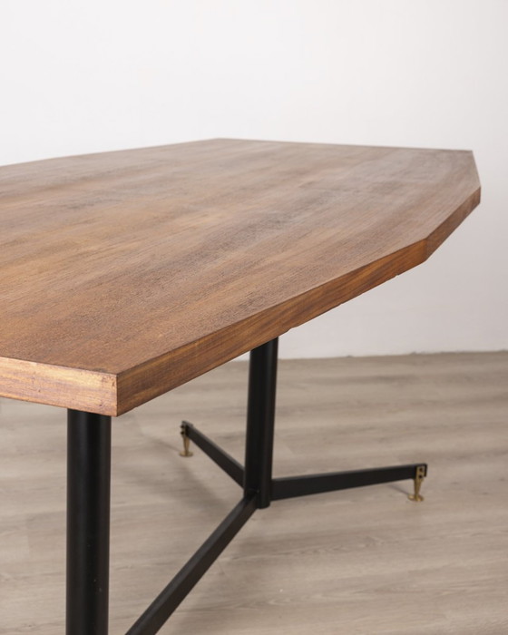 Image 1 of Vintage tafel uit 1960 in metaal en hout Italiaans ontwerp