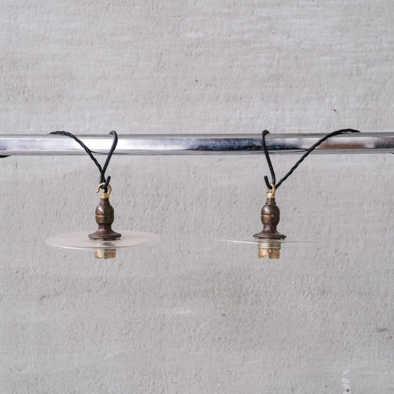 Image 1 of Set van 6 vintage hanglampen van messing en glas, Nederland 1950