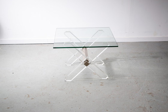 Image 1 of Bijzettafel van glas, Lucite en messing