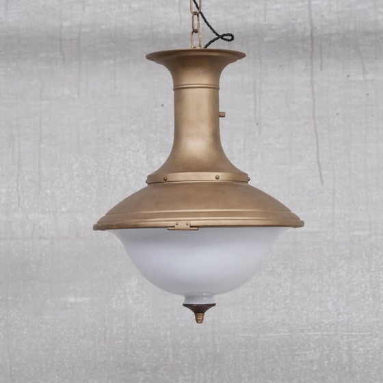 Image 1 of Paar vintage messing en opaline hanglampen, Holland 1950