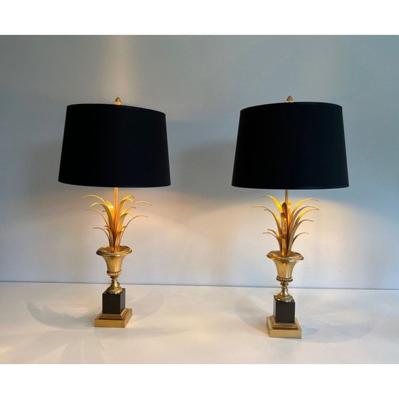 Image 1 of Paar vintage palmboom lampen in chroom en messing, Frankrijk 1970