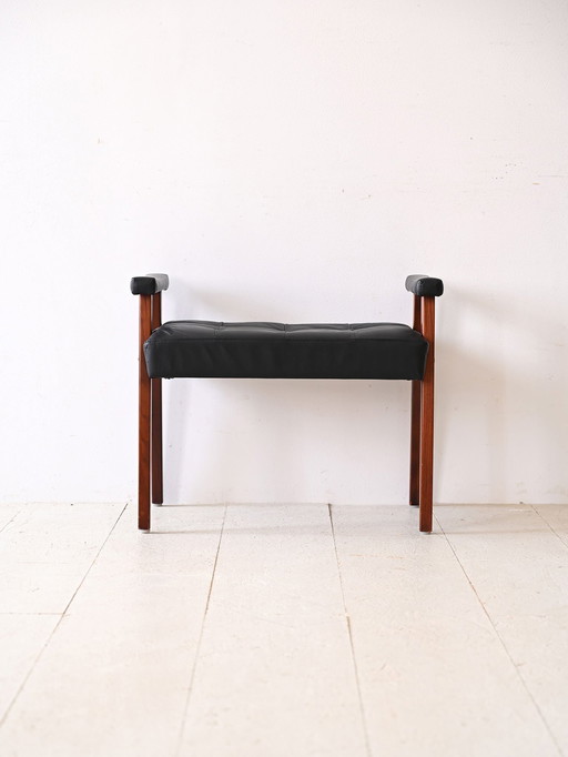 Originele Vintage Scandinavische Poef - Zwart Kunstleer & Metalen Frame