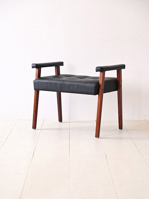 Originele Vintage Scandinavische Poef - Zwart Kunstleer & Metalen Frame