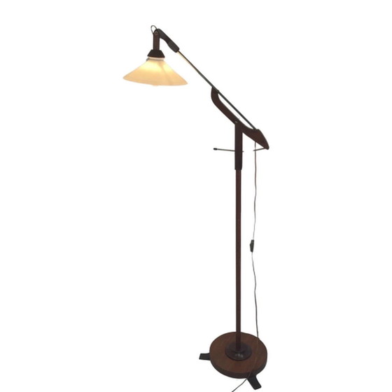 Image 1 of Vintage - Teakhout - Vloerlamp met opvouwbare arm - Opaline Glas kap - Denemarken, ca. 50's Design