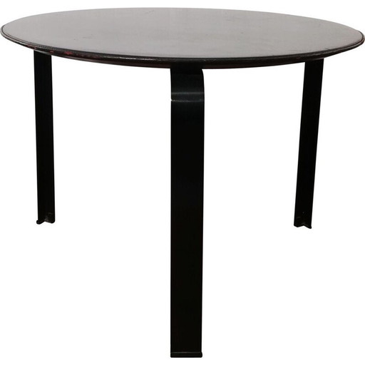 Vintage salontafel van hout en zwart leer