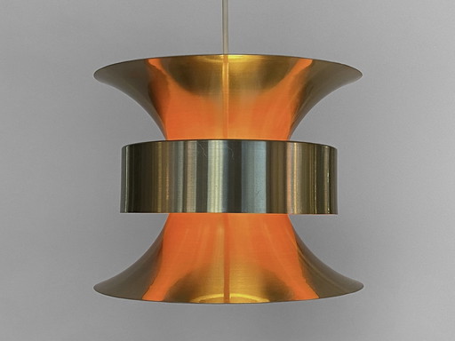 VEB Mettaldrücker Halle Hanglamp In Goud Geborsteld Aluminium, Denemarken 1970S