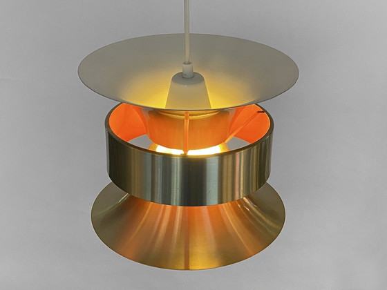 Image 1 of VEB Mettaldrücker Halle Hanglamp In Goud Geborsteld Aluminium, Denemarken 1970S