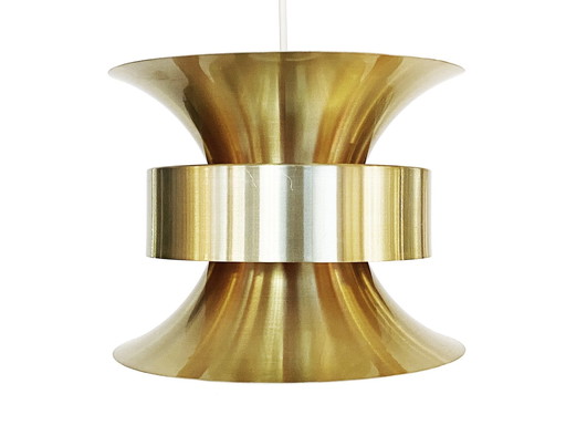 VEB Mettaldrücker Halle Hanglamp In Goud Geborsteld Aluminium, Denemarken 1970S