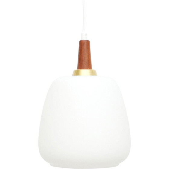 Image 1 of Vintage witte hanglamp van wit glas en teakhout, Denemarken 1960