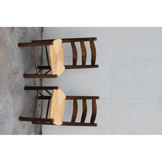Image 1 of Paar vintage brutalistische stoelen van hout en stro, 1980
