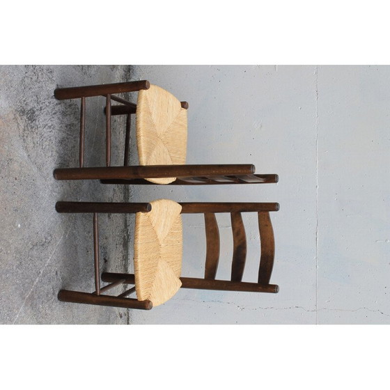 Image 1 of Paar vintage brutalistische stoelen van hout en stro, 1980