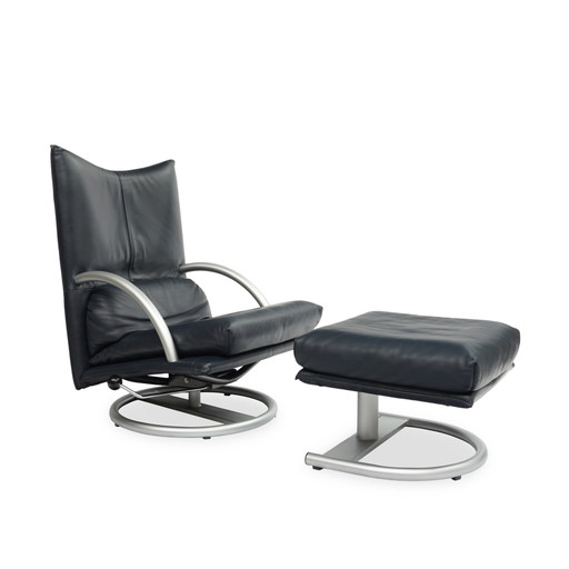 Rolf Benz Bmp 418 Torino Fauteuil & Kruk | Donkerblauw leer