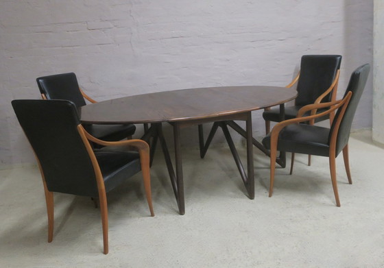 Image 1 of Set van 4 Italiaanse leren en kersenhouten eetkamerstoelen, 1980S