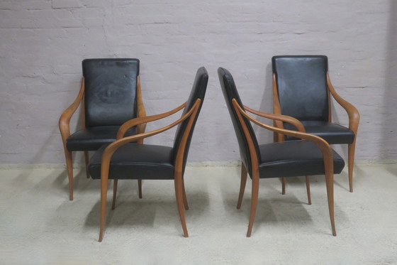 Image 1 of Set van 4 Italiaanse leren en kersenhouten eetkamerstoelen, 1980S
