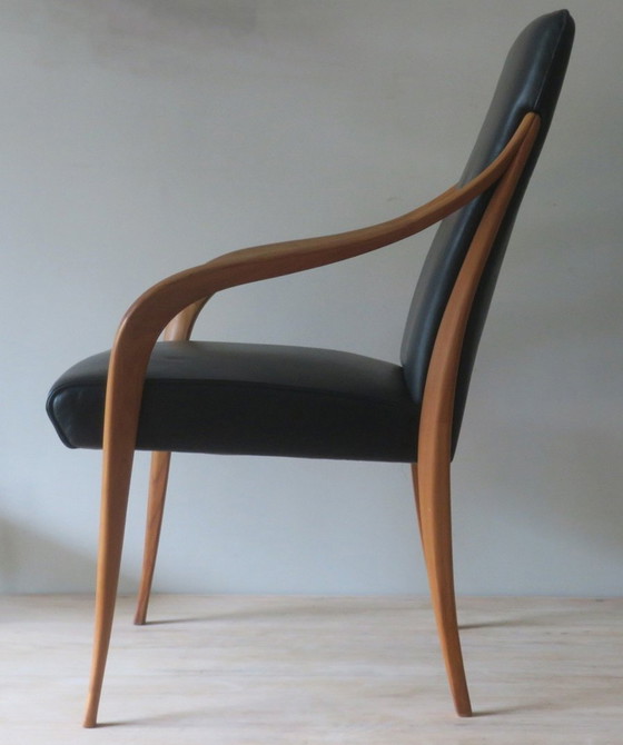 Image 1 of Set van 4 Italiaanse leren en kersenhouten eetkamerstoelen, 1980S