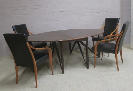 Set van 4 Italiaanse leren en kersenhouten eetkamerstoelen, 1980S