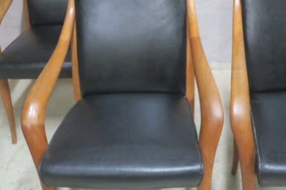 Image 1 of Set van 4 Italiaanse leren en kersenhouten eetkamerstoelen, 1980S