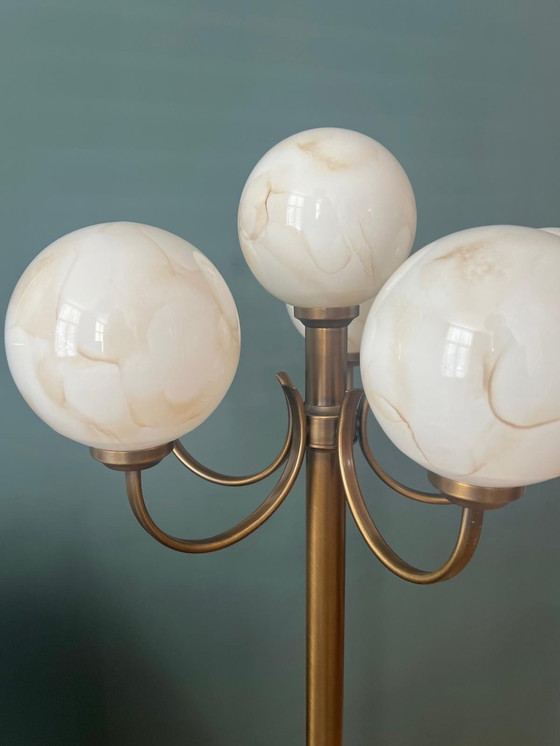 Image 1 of Vintage Bronzen Staande Bollenlamp Gemarmerd Opaline Glas H: 145Cm