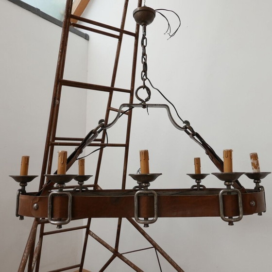 Image 1 of Vintage leren kroonluchter, Frankrijk 1950