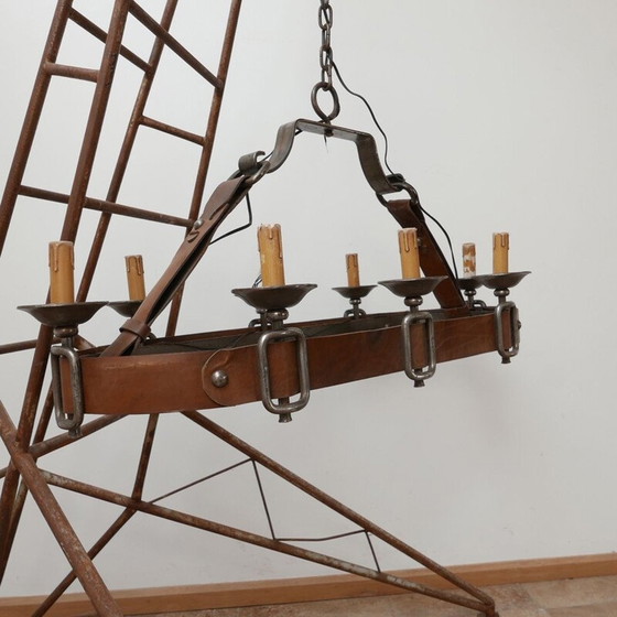 Image 1 of Vintage leren kroonluchter, Frankrijk 1950