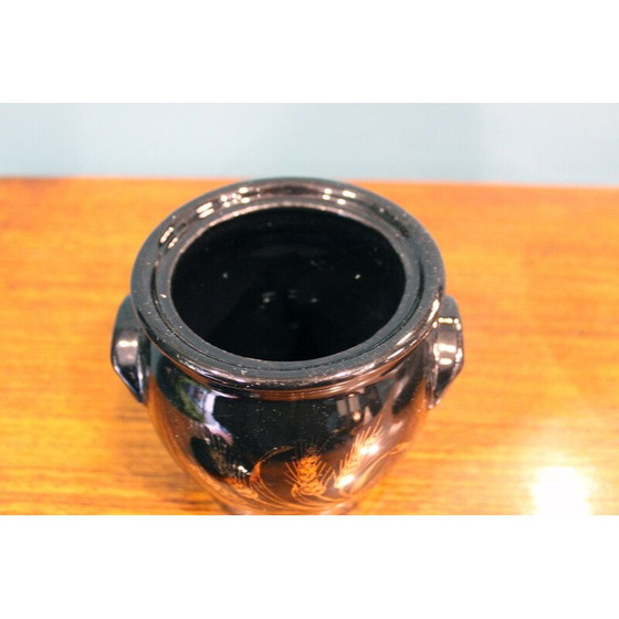 Image 1 of Vintage zwart gelakte vaas met gouden decoratie, Frankrijk 1970