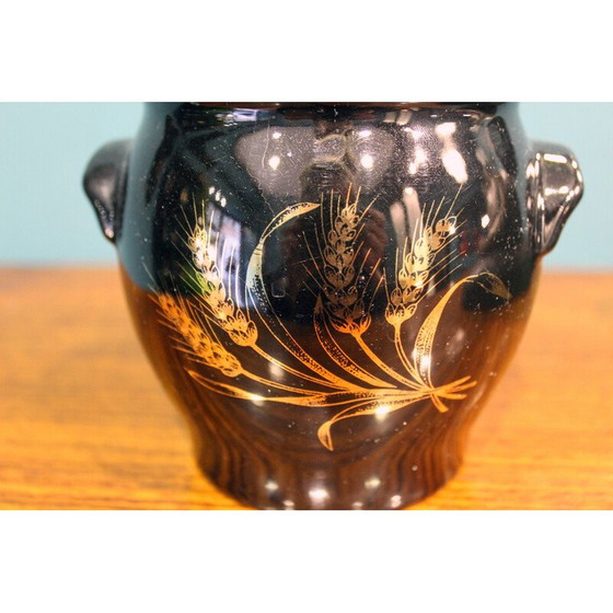 Image 1 of Vintage zwart gelakte vaas met gouden decoratie, Frankrijk 1970