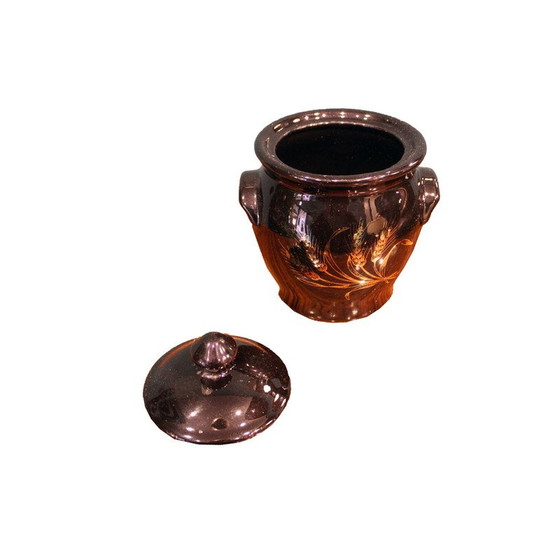 Image 1 of Vintage zwart gelakte vaas met gouden decoratie, Frankrijk 1970