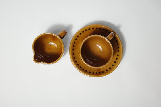 Image 1 of Keramische Koffiekop & Creamer Set Met Schotels | Geglazuurd Polka Dot Steengoed | Vintage Mid Century Modern