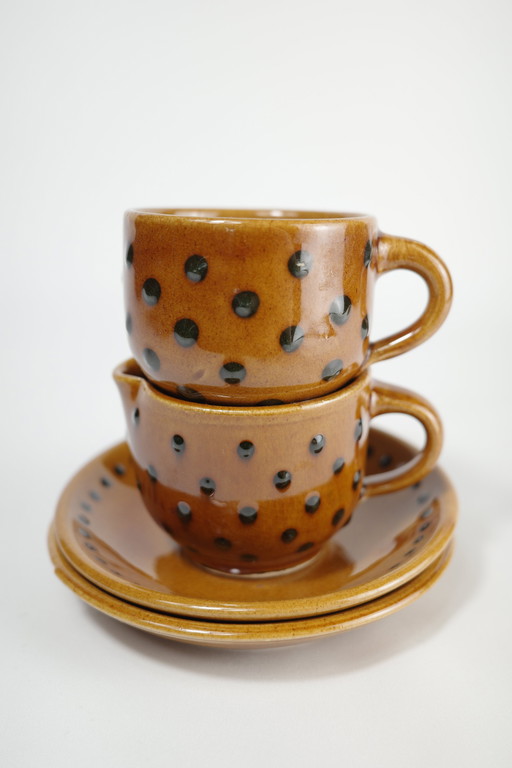 Keramische Koffiekop & Creamer Set Met Schotels | Geglazuurd Polka Dot Steengoed | Vintage Mid Century Modern