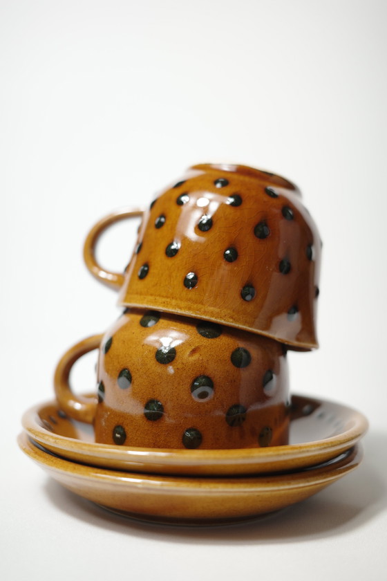 Image 1 of Keramische Koffiekop & Creamer Set Met Schotels | Geglazuurd Polka Dot Steengoed | Vintage Mid Century Modern