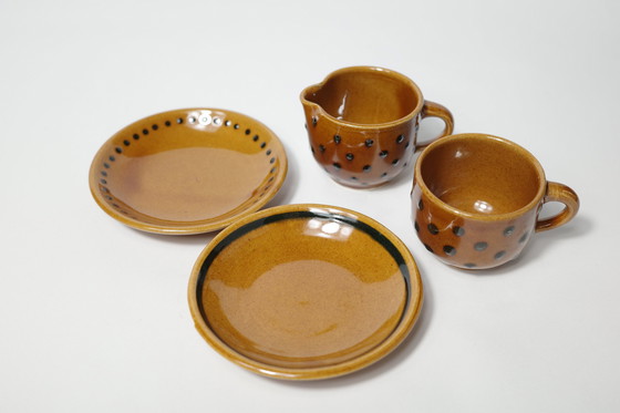 Image 1 of Keramische Koffiekop & Creamer Set Met Schotels | Geglazuurd Polka Dot Steengoed | Vintage Mid Century Modern