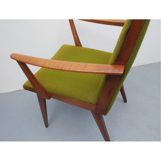 Image 1 of Vintage fauteuil in kersenhout en groene stof, jaren 1950