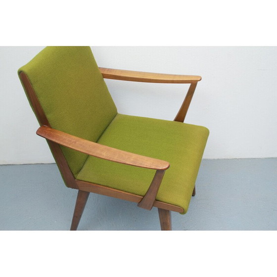 Image 1 of Vintage fauteuil in kersenhout en groene stof, jaren 1950