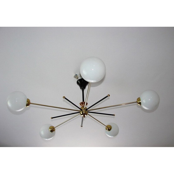 Image 1 of Vintage Stilnovo kroonluchter van messing en glas, jaren 1960