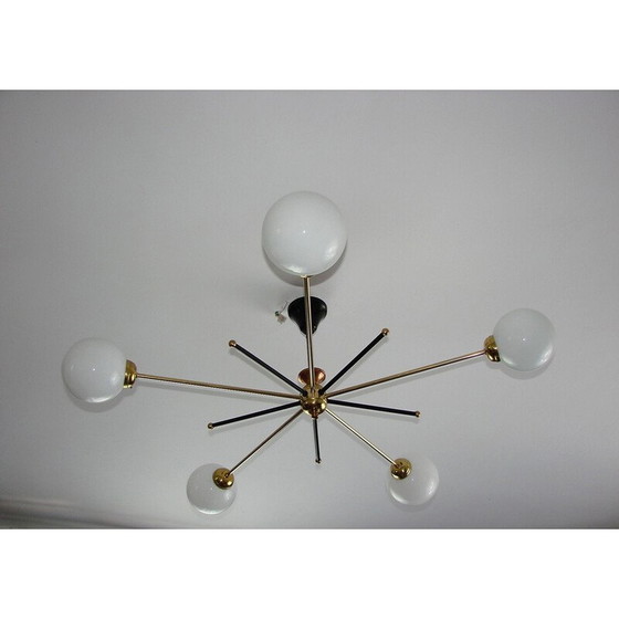 Image 1 of Vintage Stilnovo kroonluchter van messing en glas, jaren 1960