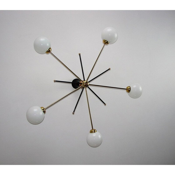 Image 1 of Vintage Stilnovo kroonluchter van messing en glas, jaren 1960