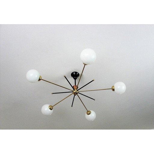 Vintage Stilnovo kroonluchter van messing en glas, jaren 1960