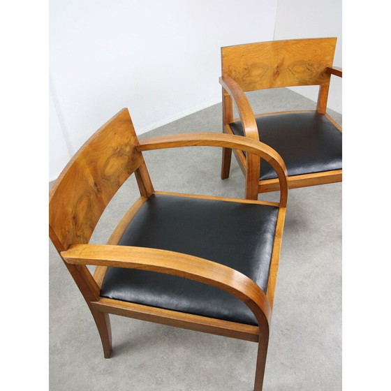 Image 1 of Paar vintage Art Deco fauteuils in hout en zwart kunstleer, Italië