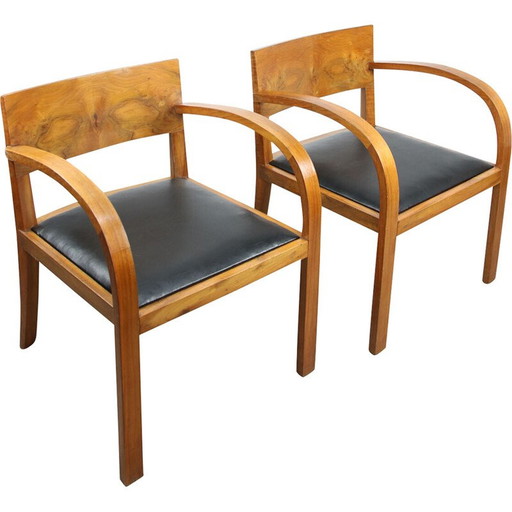 Paar vintage Art Deco fauteuils in hout en zwart kunstleer, Italië