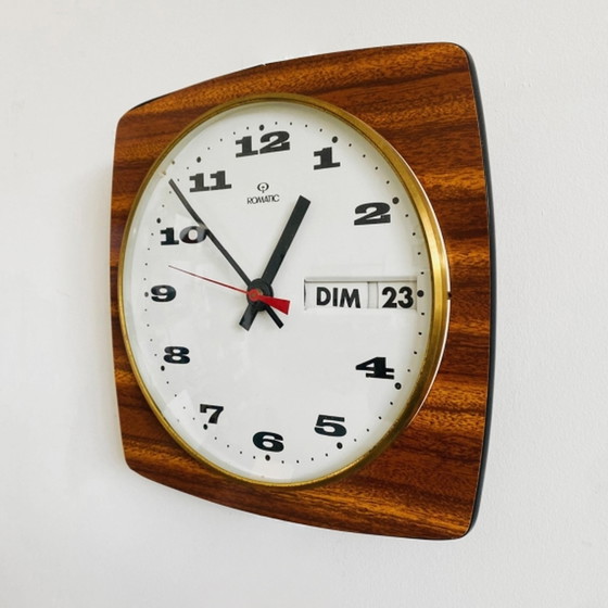 Image 1 of Vintage teak wandklok Romatic datum 1970's