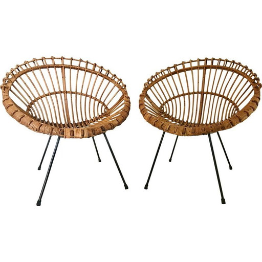 Paar vintage rotan fauteuils van Franco Albini, Italië 1960