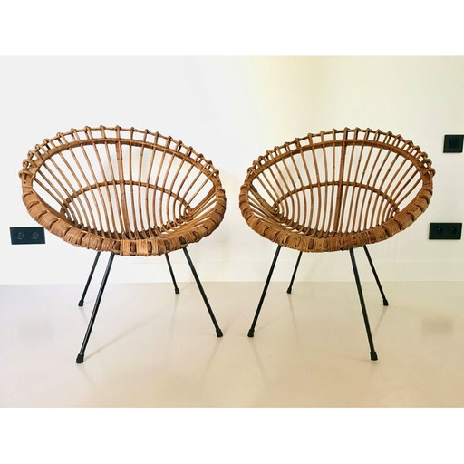 Paar vintage rotan fauteuils van Franco Albini, Italië 1960