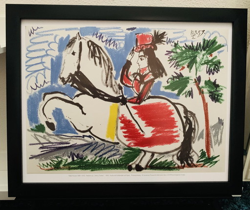 Pablo Picasso, "Jacqueline Op Een Paard. 1959”. Authorized Offset Colour Lithograph, Signed, High Quality. Inclusief Lijst.