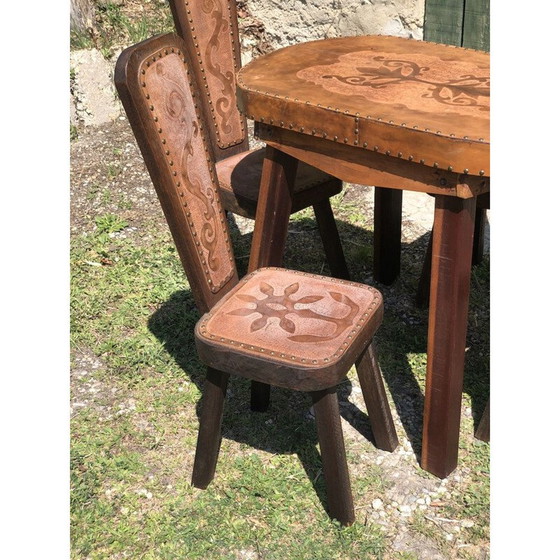 Image 1 of Set van 4 vintage brutalisme eiken en leren stoelen 1960