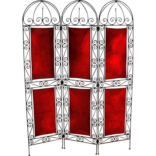 Vintage oriëntalistisch scherm van smeedijzer en beschilderd leer