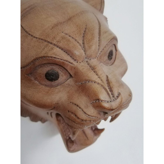 Image 1 of Vintage gesneden houten masker dat een brullende tijger voorstelt