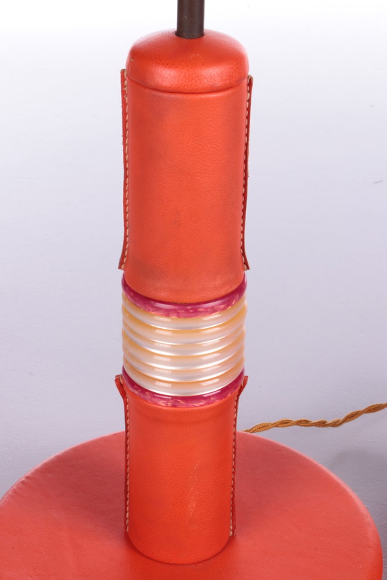 Image 1 of Franse set met oranje leer bekleedde tafellampen, 1960s