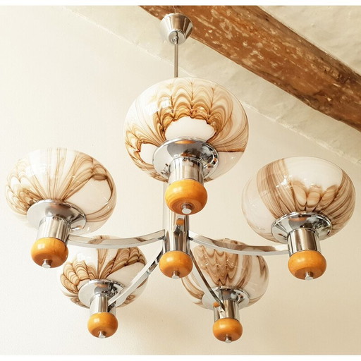 Vintage kroonluchter in staal hout & glas 1960